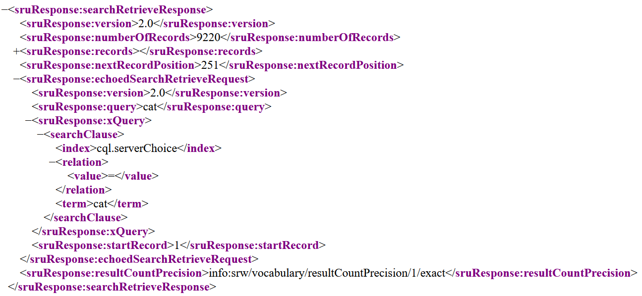 Response XML für CQL Suche nach "cat"